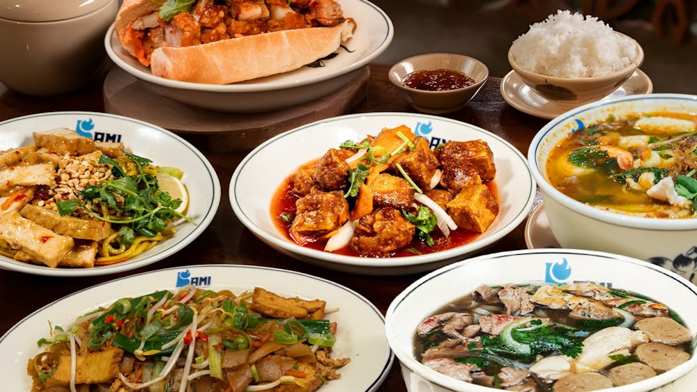 Bami Vietnamese Ballarat menu spread showing a fresh banh mi roll, pho broth bowl, and more