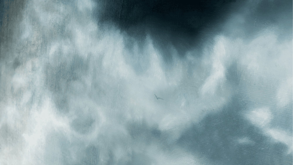 Painting of dark grey and white clouds.