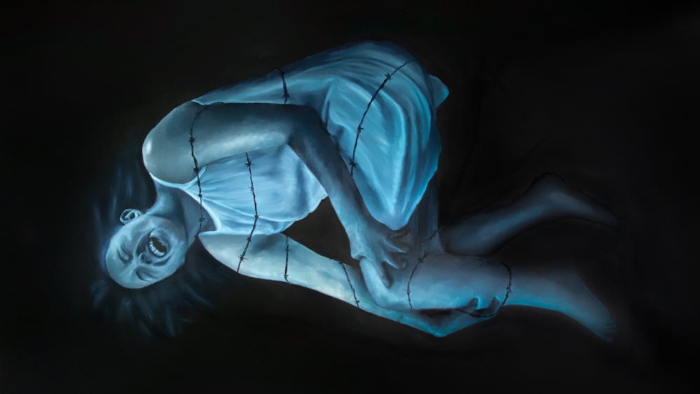 A painting of a young woman, illuminated in a blow glow, on a black background.