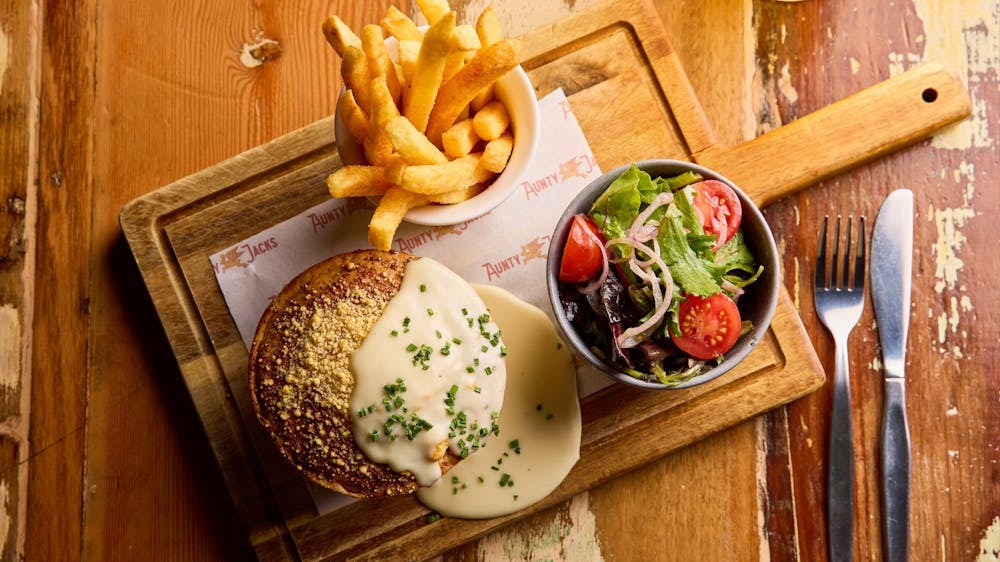 A pie, chips and salad