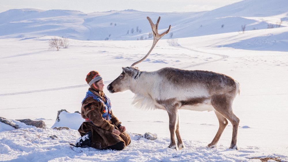 Woman kneels in front of a reindeer in a snowy expanse