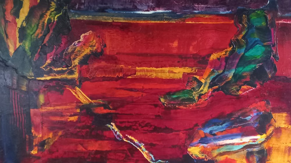 Vibrant colors are used in the abstract painting