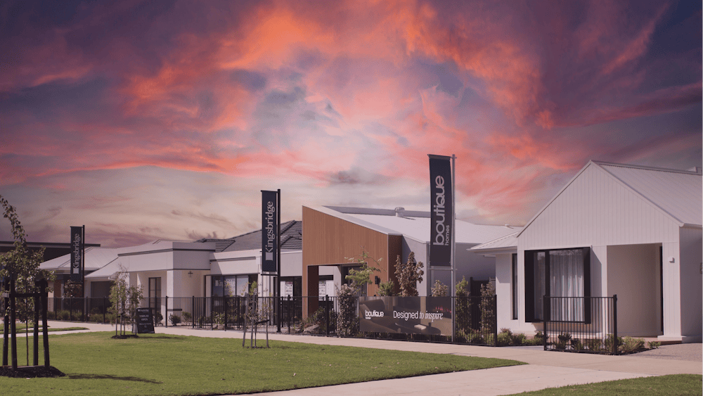 The Lucas Display Village at dusk - Builders flags in the background