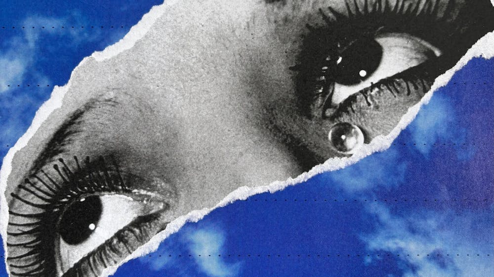 Collage of blue sky with clouds with a ripped black and white image of women's eyes overlayed.