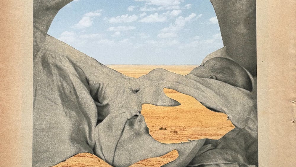 Collage of a person cradling a baby with the human form cut from an images of sky and desert.