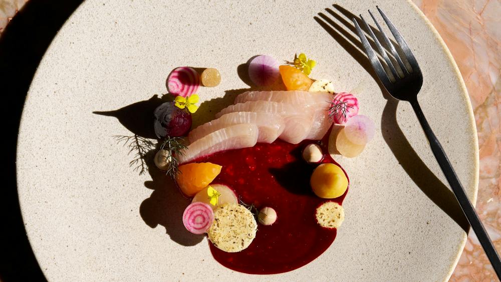 Lemon Cured SA Kingfish, Salt Baked Kohlrabi, Pickled Beetroot, Mandarin, Fennel Pollen, Hazelnut