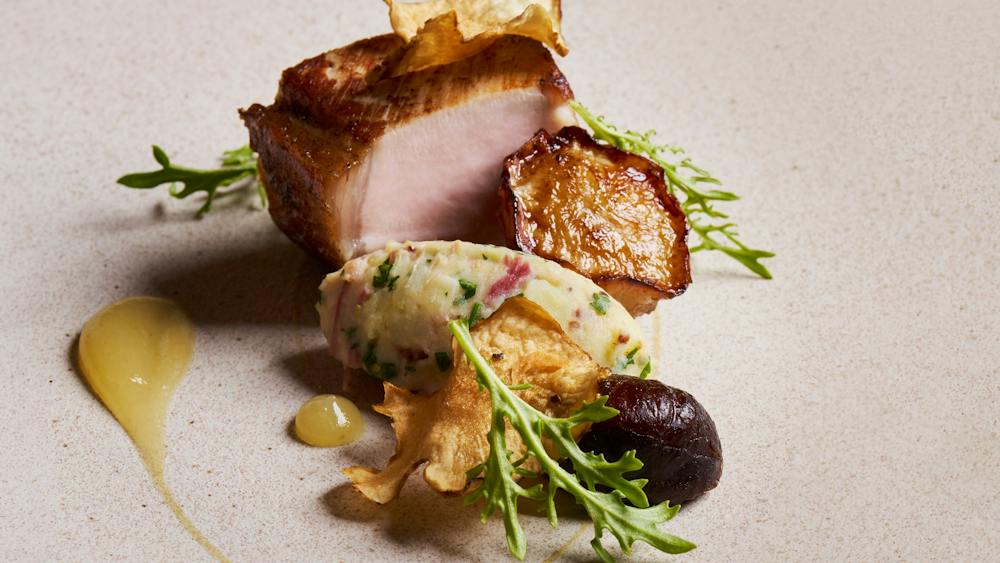 Pork Loin, Crushed Potato & Ham Hock, Jerusalem Artichoke, Honey Roasted Chestnuts, Apple Cider Gel