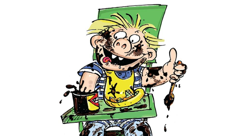 an illustration of a child in a high chair covered in vegemite