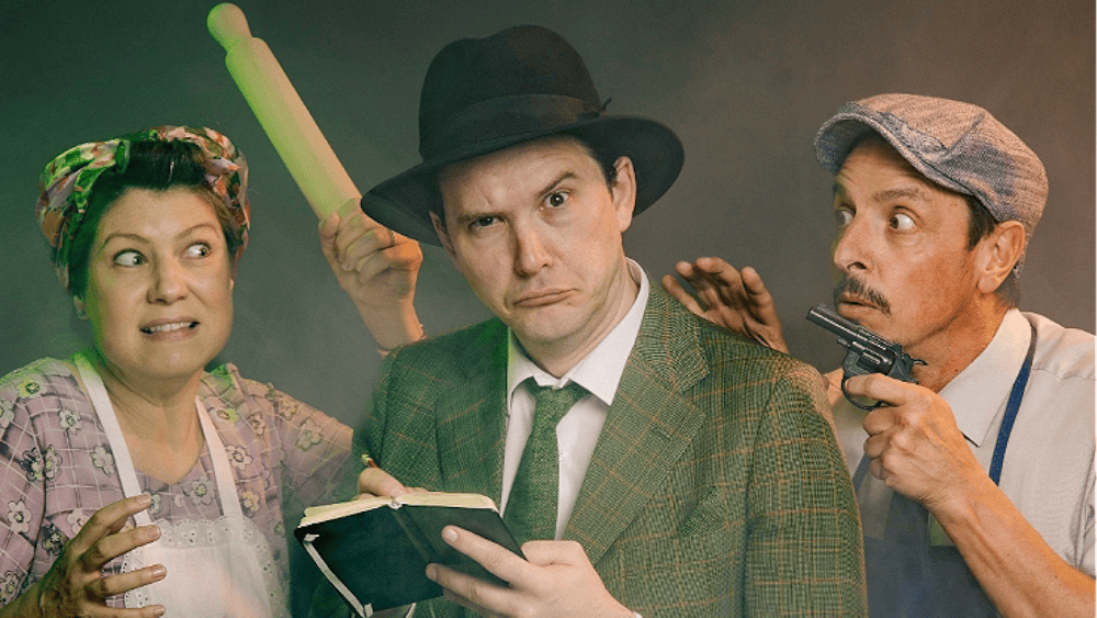 3 Actors posing with rolling pin, notebook and gun