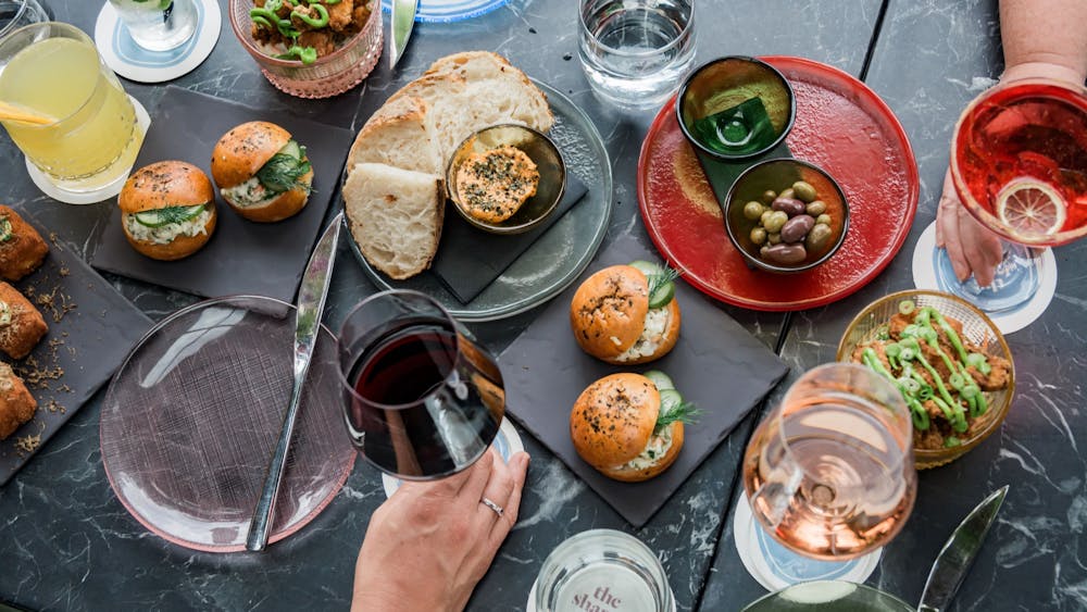dishes and glasses placed on the table