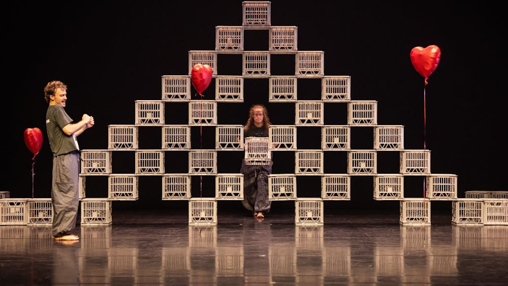 Set created from milk crates and heart-shaped balloons