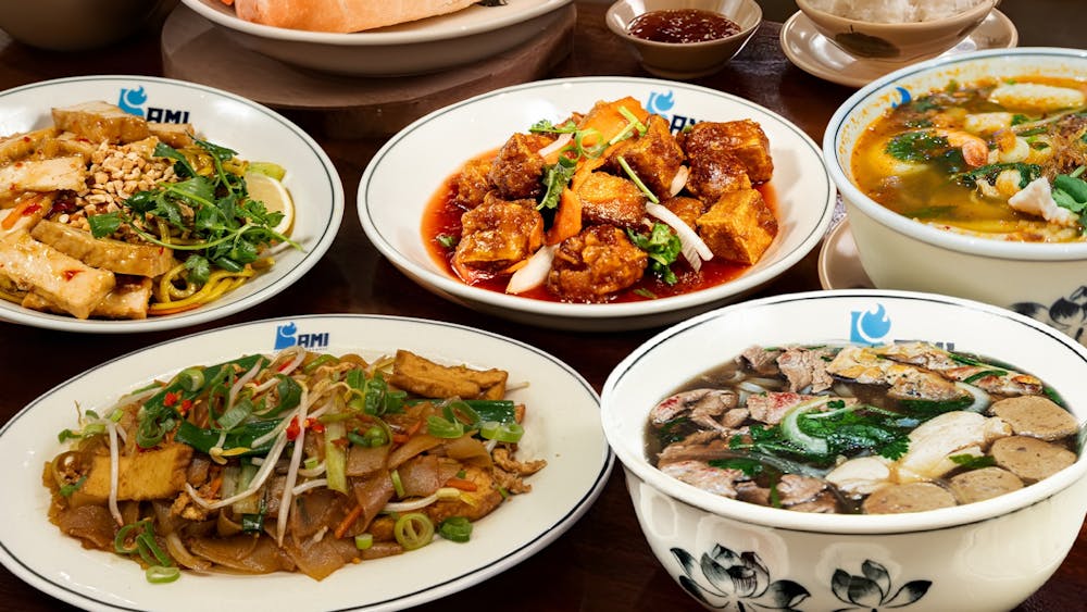 Bami Vietnamese Ballarat menu spread showing a fresh banh mi roll, pho broth bowl, and more