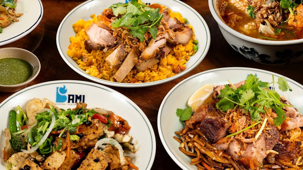 Bami Vietnamese Ballarat menu spread showing a fresh banh mi roll, pho broth bowl, and more