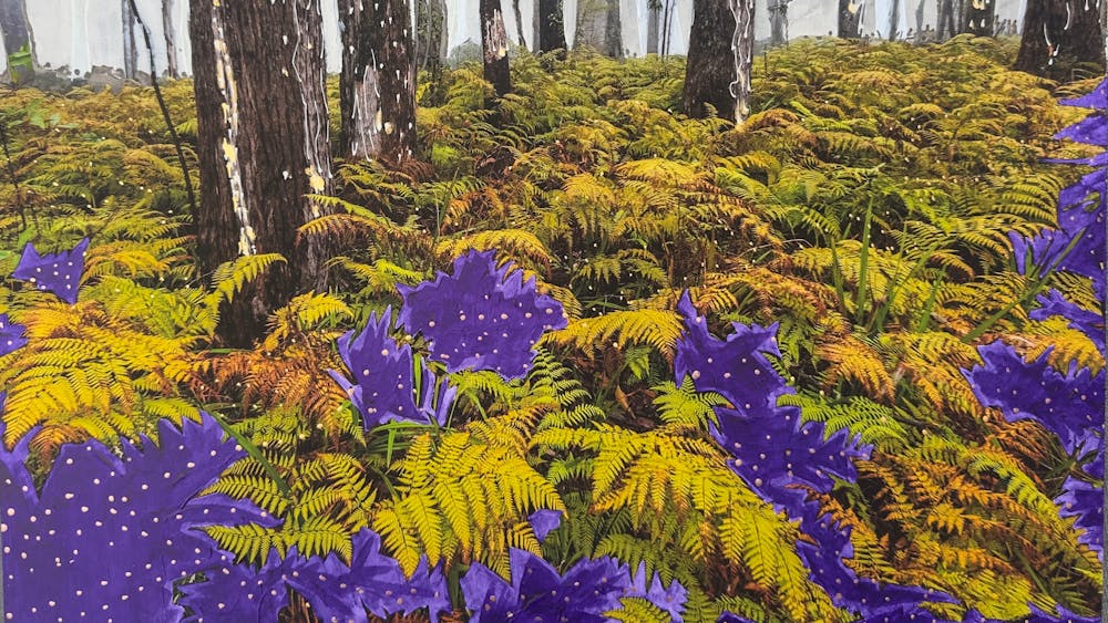 Ferns and purple plants in a forest