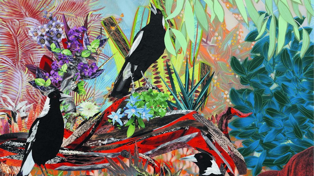 An artwork featuring 3 magpies perched in the lakes edge