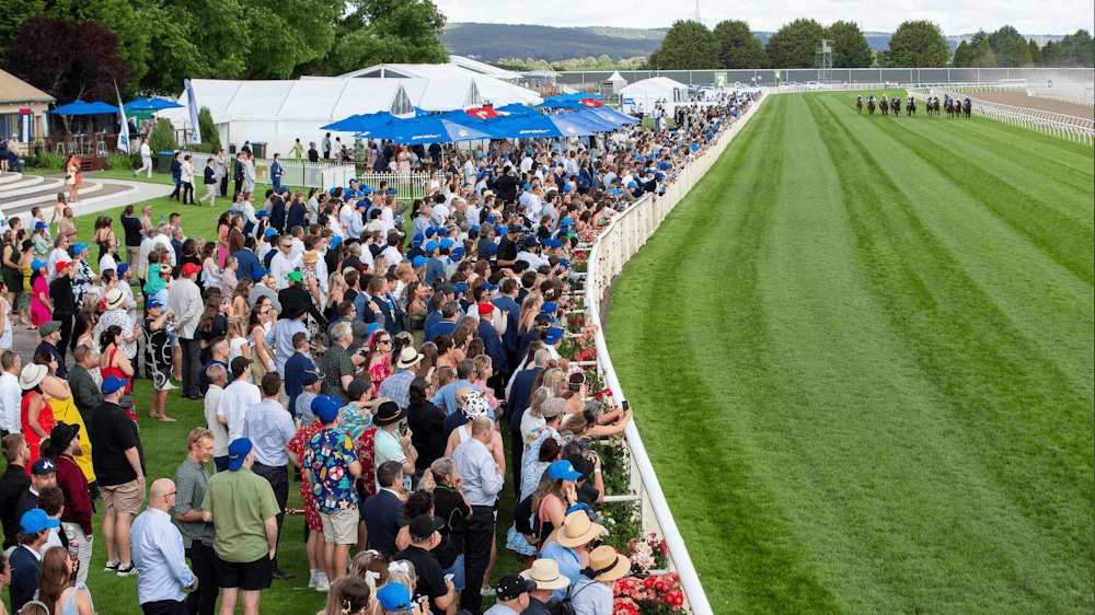 A big crowd watching and cheering a race as the horses go past.