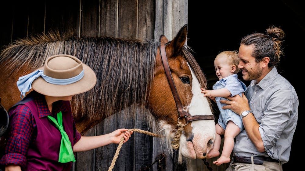 Man holding baby reaching out to a horse with an animal handler