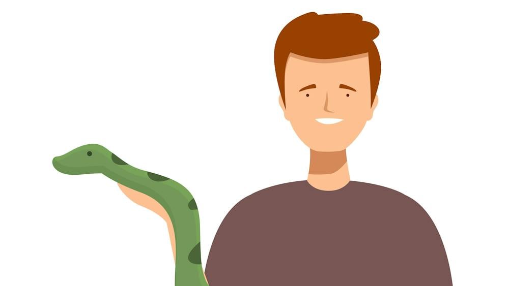Smiling young man cartoon holding a green snake