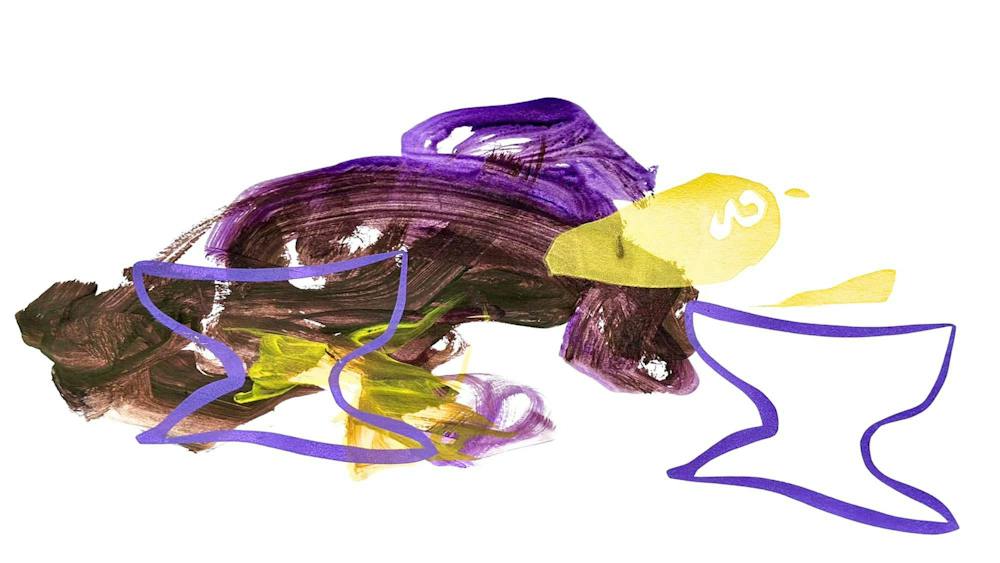 Abstract painting of brush strokes in shades of brown, purple and yellow on a white background.