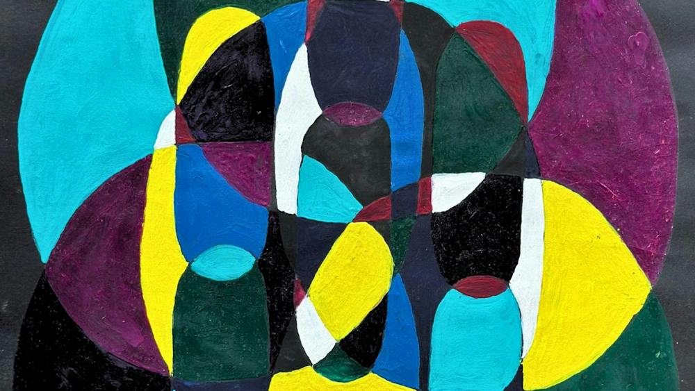 Abstract painting of curved shapes in shades of blue, yellow, green, white, purple on black