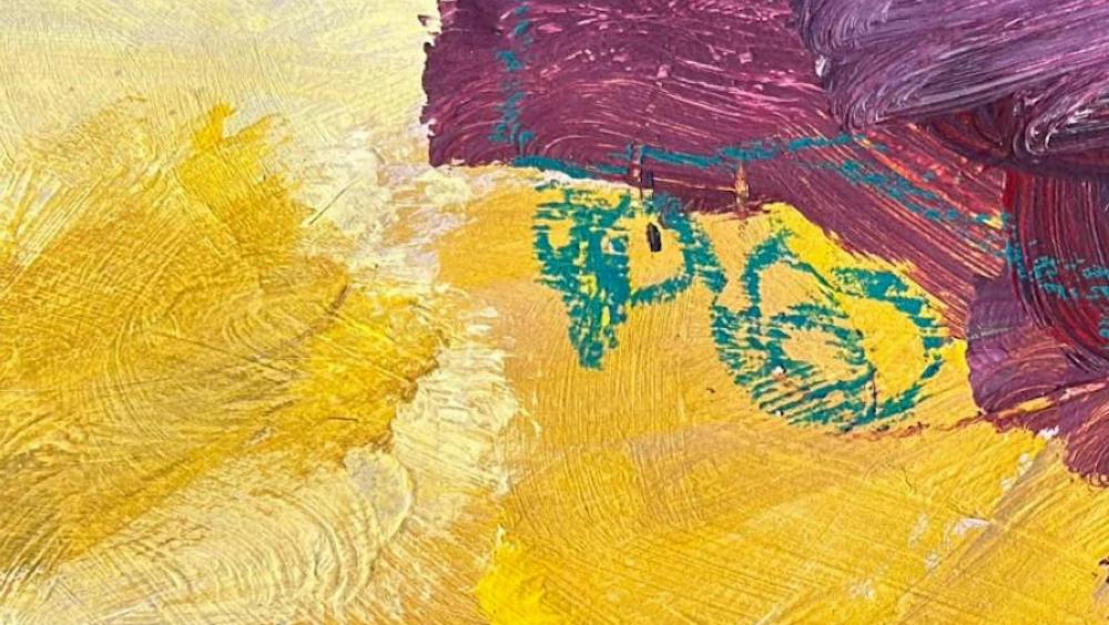 Abstract painting with a central form of shades of yellow surrounded by purple and blue strokes