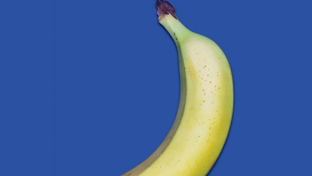 A single yellow banana with a green-tinged stem on a plain royal blue background.